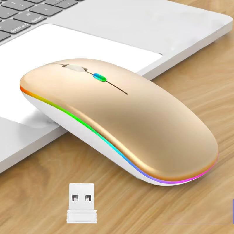 Guiheng Wireless Bluetooth Mouse,LED Dual Mode Rechargeable Silent Slim Laptop Mouse,Portable(BT5.2+USB Receiver) Dual Mode Computer Mice,for Laptop,Desktop Computer,ipad Tablet,Phone,TV (Gold) - Image 4